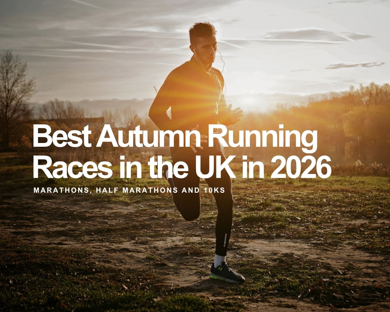 Overhead motion-blurred view of runners competing in an autumn road race in the UK.